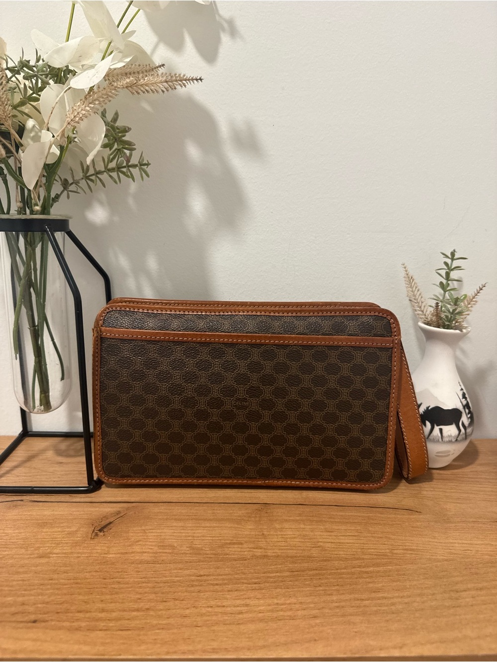 Vintage CELINE Paris Macadam Triomphe Canvas Clutch Bag Brown Leather - Picture 3 of 16